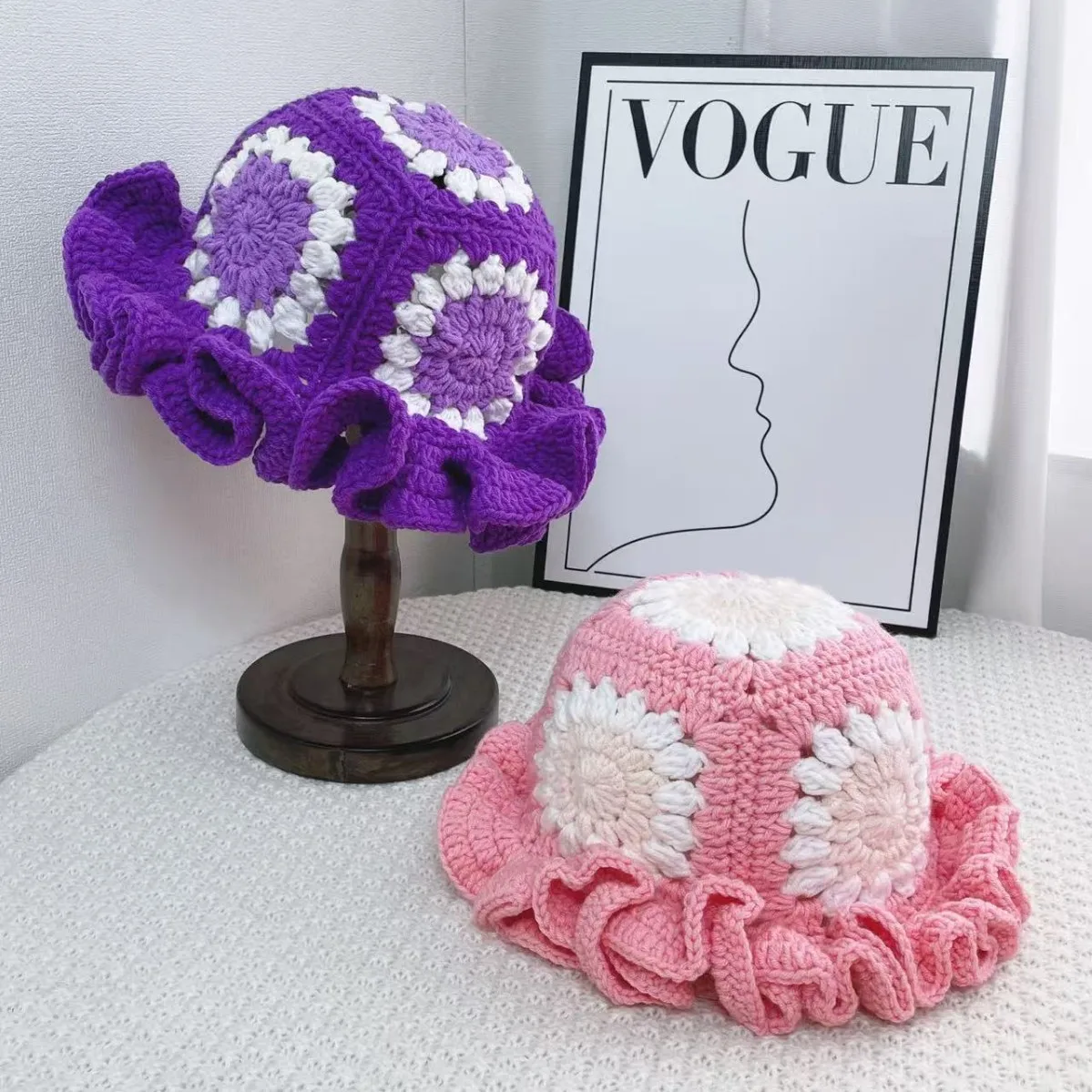 Hand Made Crochet Ruffle Bucket Hat Autumn Winter Fashion Stretch Knit Fisherman Cap Ourdoor Activity Travel Holiday Beanie Hat