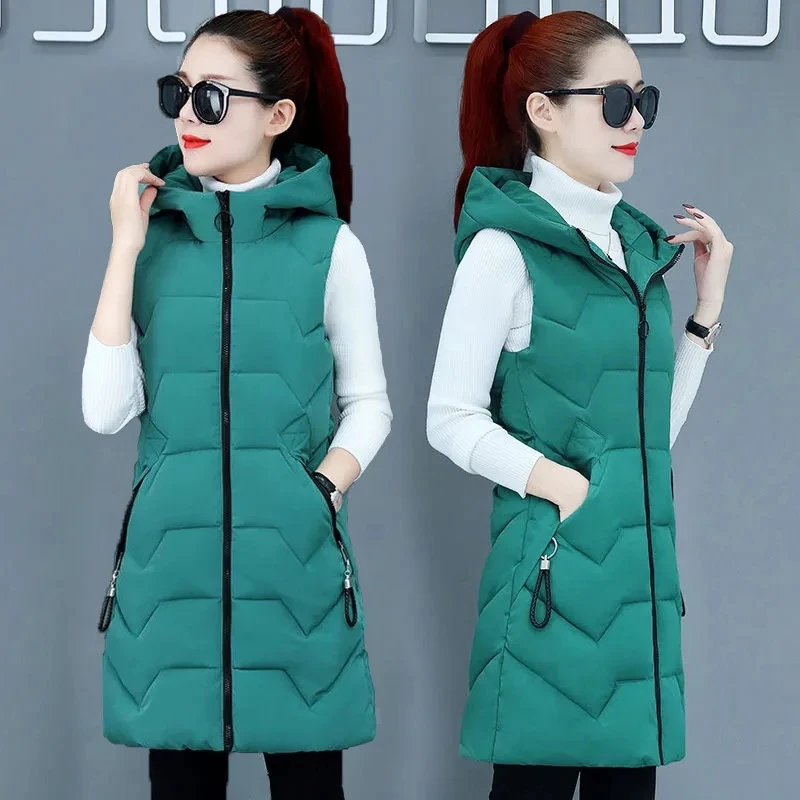 

NewAutumn Winter Hooded Women Cotton Vest Mid Long Sleeveless Waistcoat Female Tops Ladies Cotton Vest Jacket Chaleco Mujer 5XL