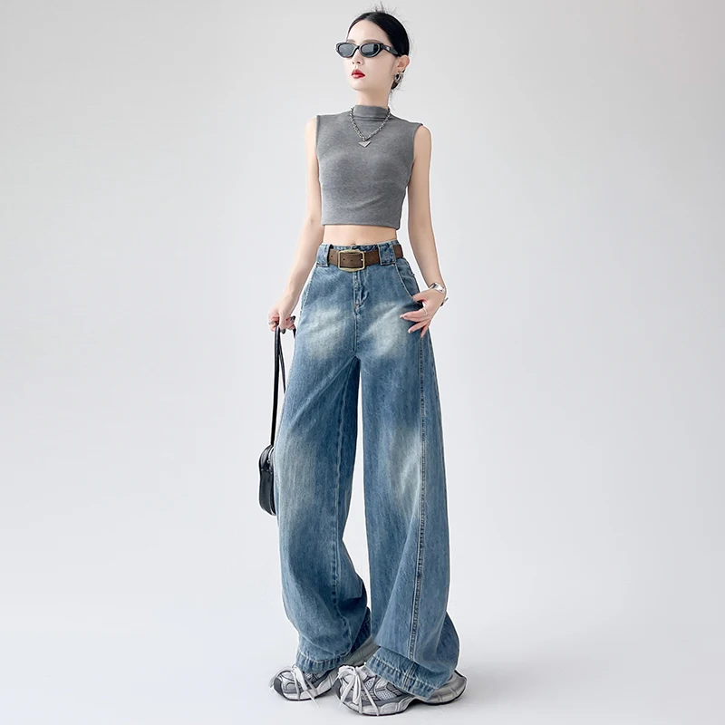 جينز ذو سكين منحني فضفاض من الخيزران مع إحساس تصميم أنثوي، سروال عالي الخصر فضفاض مستقيم الساق واسع الساق Y2K #5