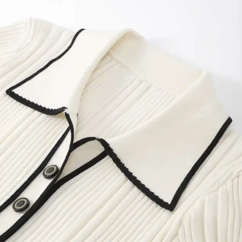 Elegancka marszczona dzianina damska 2025 Jesienna prążkowana kontrastowa sukienka z długim rękawem z klapami Kobieca sukienka damska Maxi