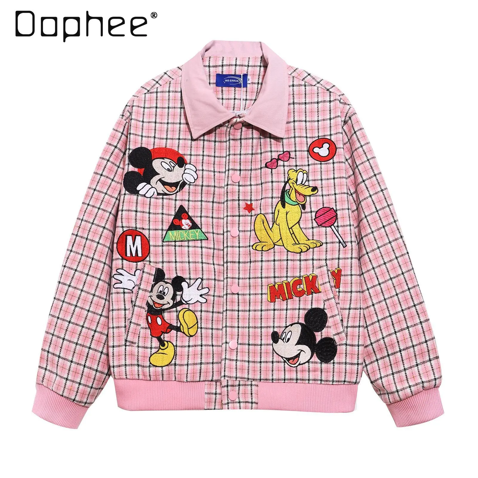 

2025 Autumn Winter American Retro Cartoon Embroidery Plaid Turn-Down Collar Jacket Unisex Loose Casual Couple Versatile Coat
