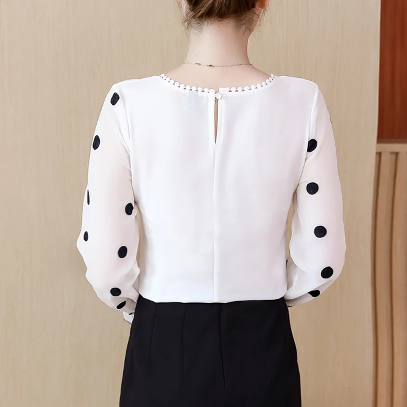 Women\'s Long Sleeve Chiffon Blouse, Hollow Out Tops, O-Neck, Black Dot, White, Sweet Clothing, Fashion, 2024 New, D383