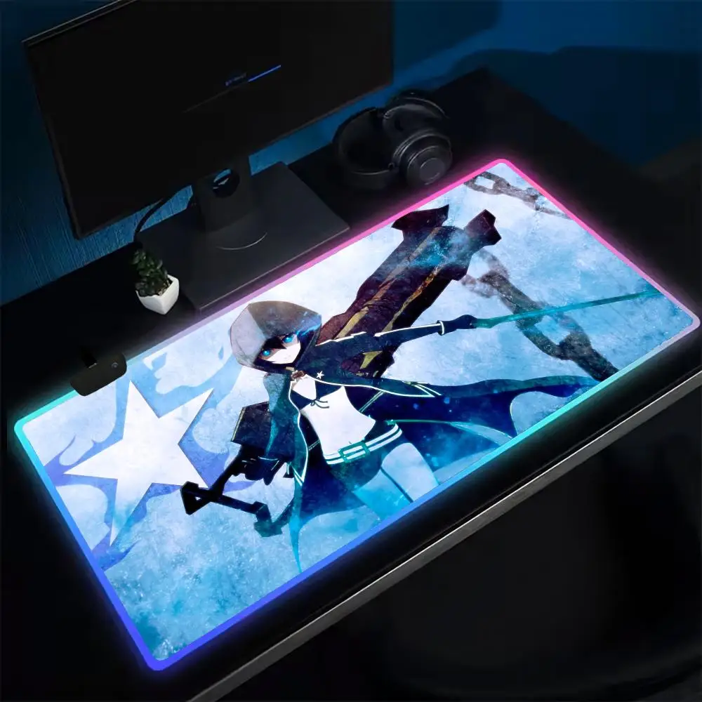 

Черный коврик для мыши R-Rock Shooter, игровой коврик для мыши в стиле аниме, светодиодные настольные коврики с подсветкой, резиновые настольные коврики XXL RGB