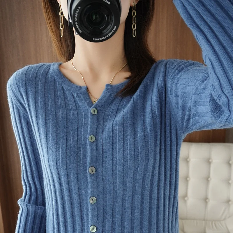 Women's Pit Stripe Design Stretch Cardigan Vintage Simple Single Breasted Slim Sweaters Round Collar Solid Long Sleeve Knitwear