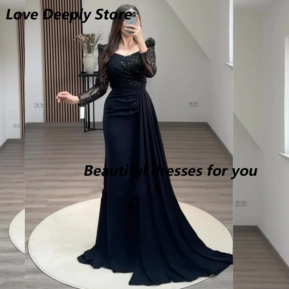 

Customized Elegant Black Evening Dresses with Detachable Skirt Sequin Long Sleeves Prom Party Gown Formal Wedding Guest Dress