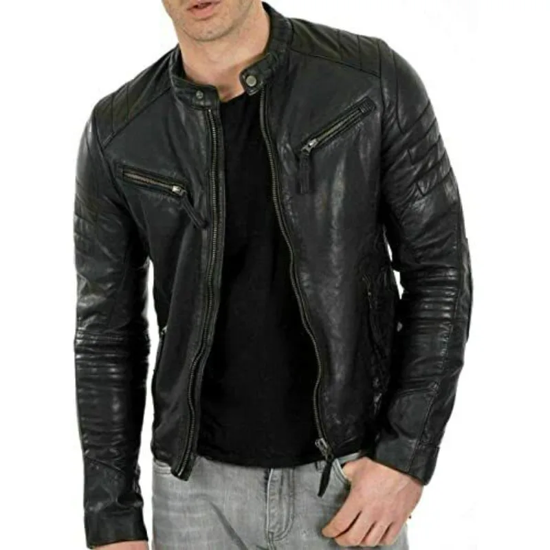 Men's Black Natural Genuine Lambskin Leather Jacket Slim Fit Elegant Snap Zipper