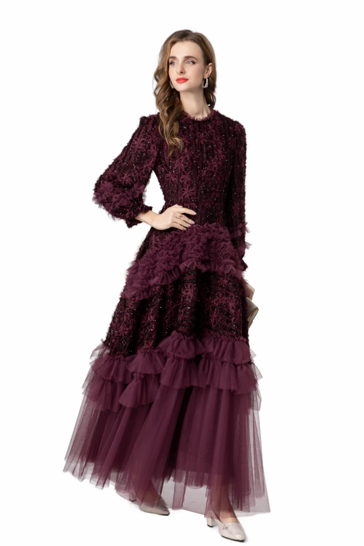 Luxurious Burgundy Lace & Sequin Maxi Dress with Mock Neck, Long Ruffle Sleeves & Multi  tiered Tulle Skirt for Special Occasion
