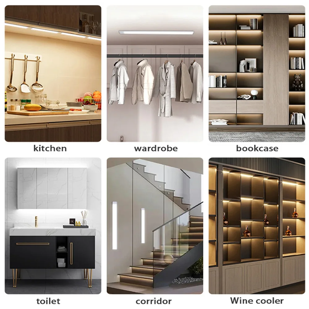 Ultra-Thin Indoor Lighting 3 Color Dimmable Rechargeable Kitchen Cabinet Closet Wardrobe Human Body Sensing LED Light