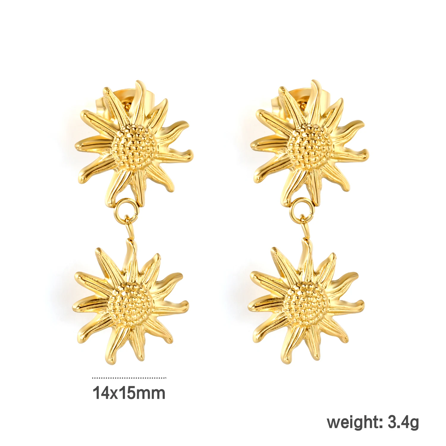 Stainless Steel Double Sunflower Drop Earrings Gold Color Textured Sun Flower Pendant Stud Earrings Women Fashion Jewelry Gift