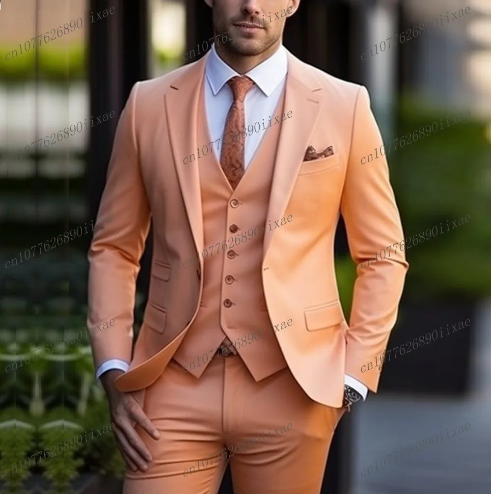 

Fashion New Formal Orange Men Suit Groom Groomsman Wedding Party Prom Business Male Tuxedos 3 Piece Set Blazer Vest Pants