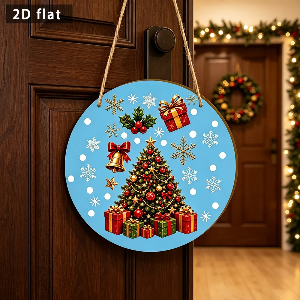 Christmas Wooden Round Hanging Sign, Christmas Tree Gift Bell Door Plaque, 2D Flat Printed Holiday Wall Home Decor Ornament