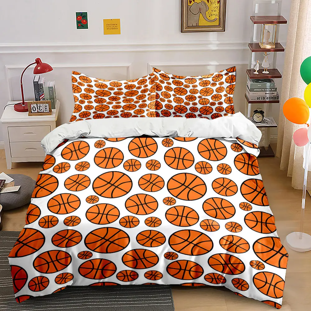 Cartoon Basketball Pattern 3PCS Bedding Set Soft Microfiber Bed Sheet Pillowcase Set for Sports Fans Boys Bedroom Decor