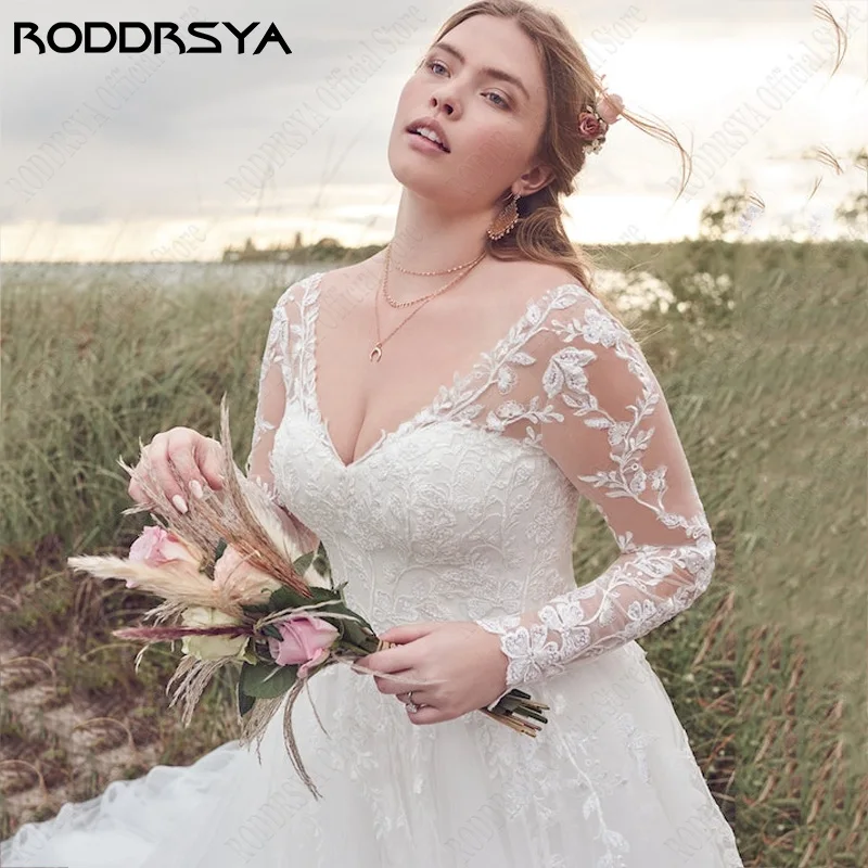 Roddrsya vestidos de novia de manga larga para mujeres de talla grande vestidos de noRODDRSYA-vestidos de novia de manga larga para mujer, ropa de boda de talla grande, de encaje, con cuello en V, de tul, línea A, 2024