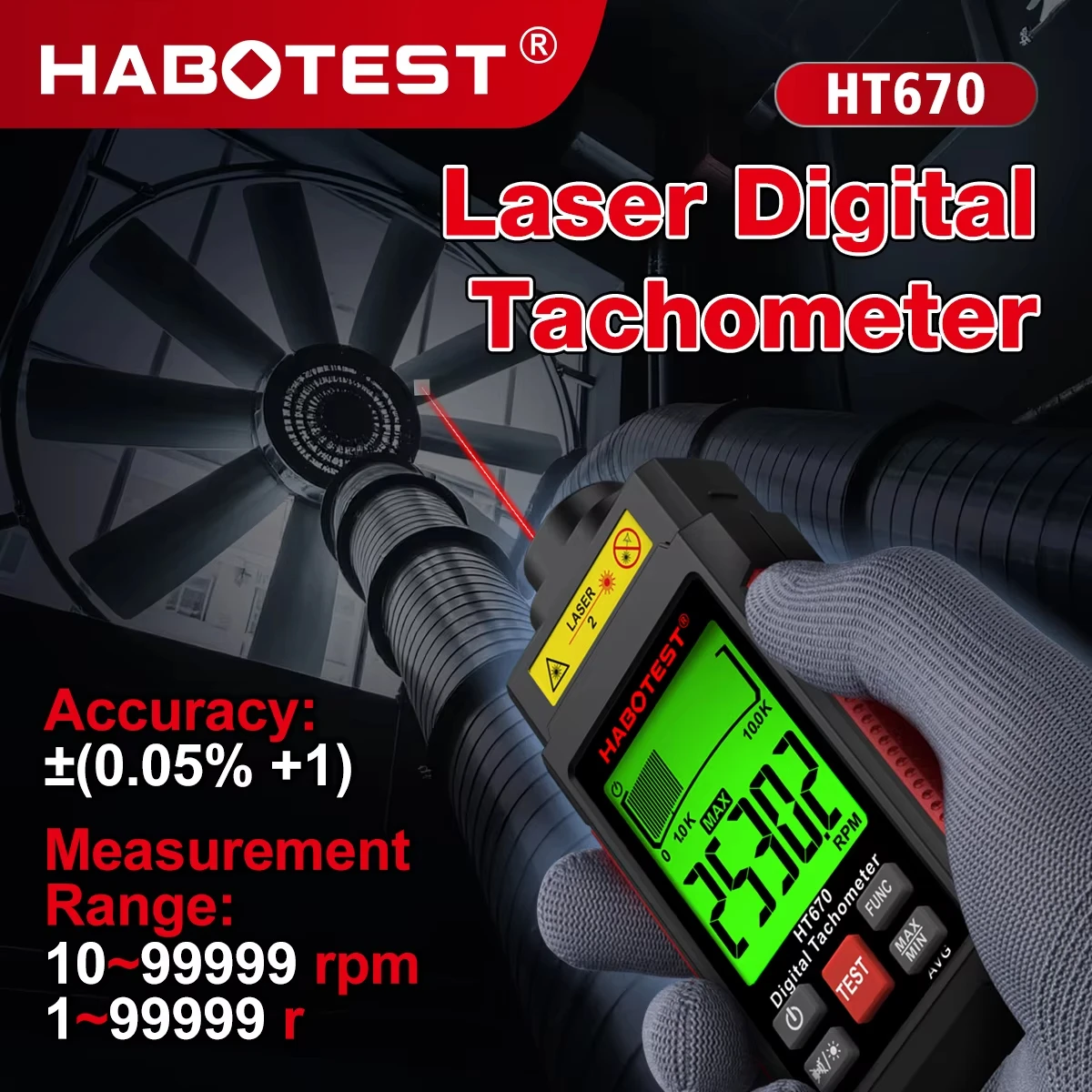 HABOTEST HT670 Digital Laser Tachometer Non-Contact RPM Meter 2.5-99999RPM with LCD Backlight for Motor Engine Speed Measurement
