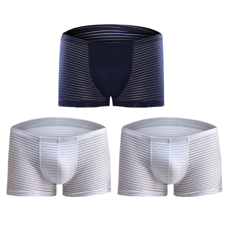 3 Stück Junge, dünne, transparente, sexy Herren-Unterhosen aus Eisseide, atmungsaktive Einteiler-Boxershorts mit vier Ecken
