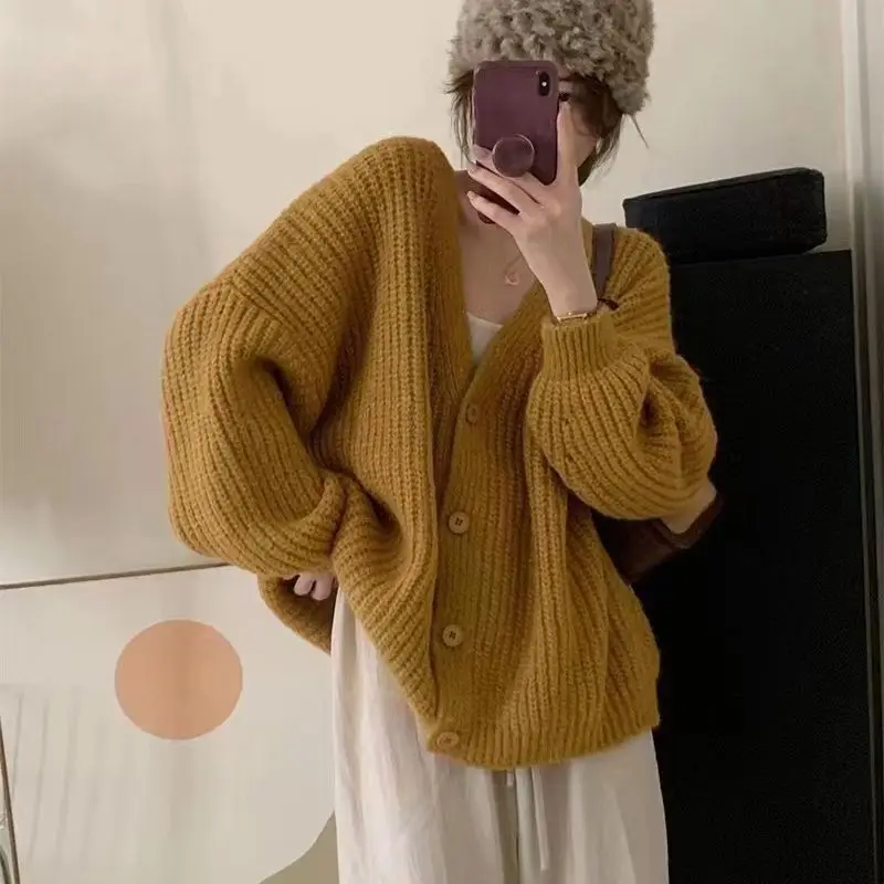 

Fashion Loose Solid Cardigan Women Long Sleeve Knitted Jacket Leisure Autumn Simple Basic Fashion Warm Korean Style Sweater B876