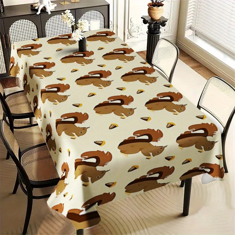A squirrel tablecloth with a chestnut and acorn pattern. Hand-washable and reusable.
