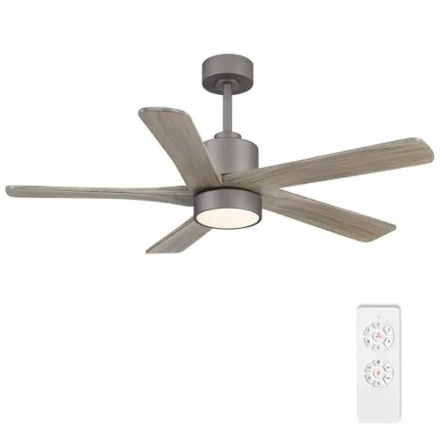Indoor ceiling fan with graphite finish and gray wood blades: 48-inch DC motor, 6-speed noiseless reversible operation, integra