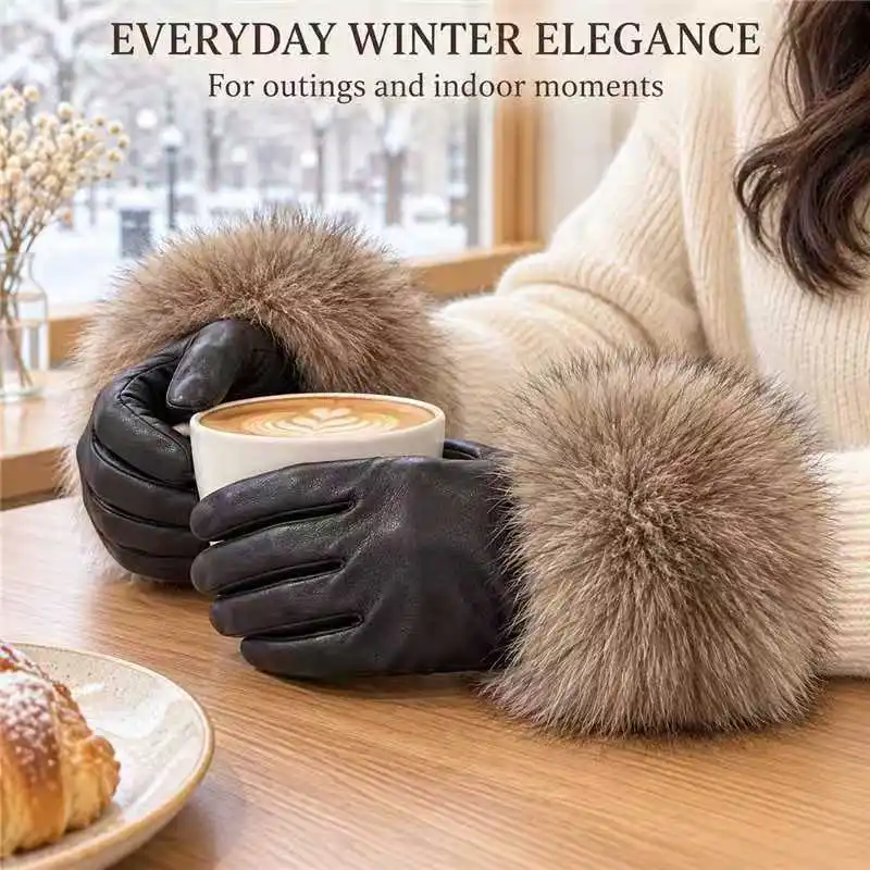 Women's Long Cuff Protein PU Touchscreen Gloves, Fashion Windproof Warm Gloves for Winter Motorcycle Riding & Daily Outdoor Use