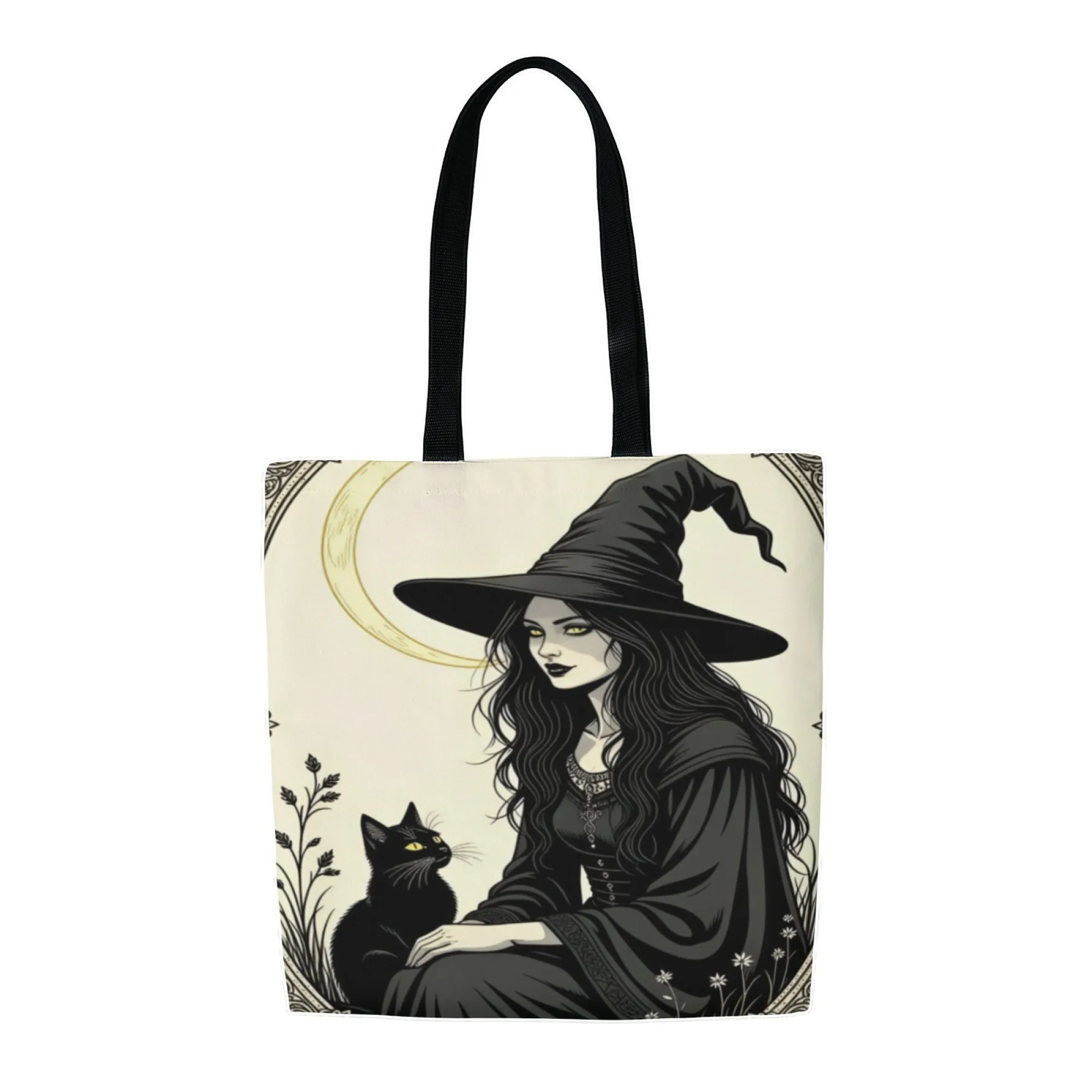 Mysterious Canvas Tote Bag Witch & Cat Design for Women Eco-Friendly Reusable Suitable for Gothic Gatherings Occult Exhibitions