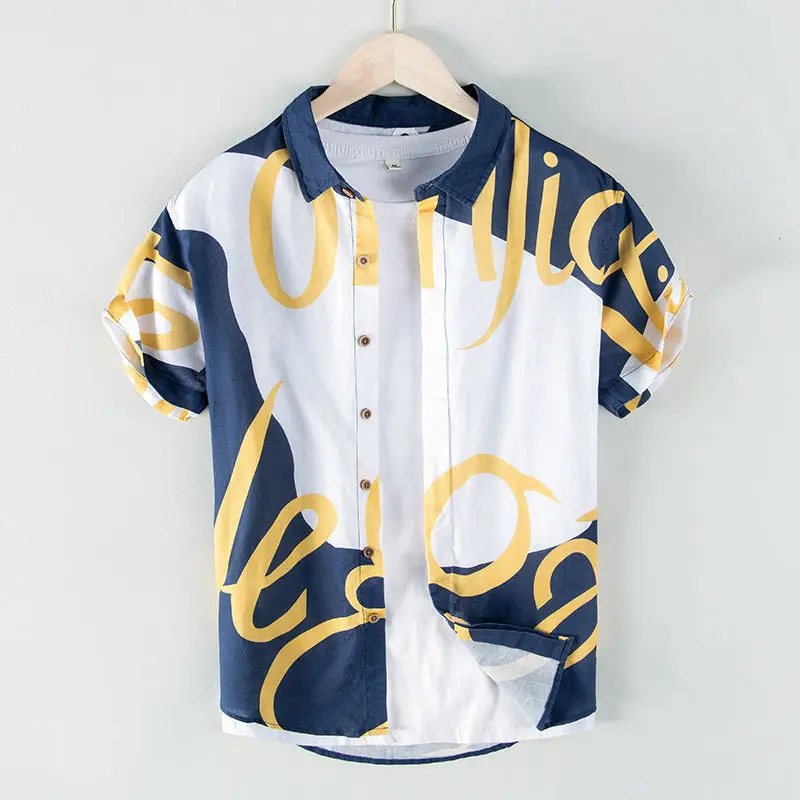 

Street Casual Short Sleeve Print Letter Shirt Tops Men's Summer New Polo Neck Plus Size Trend Blouse Fashion Casual Men Clothing