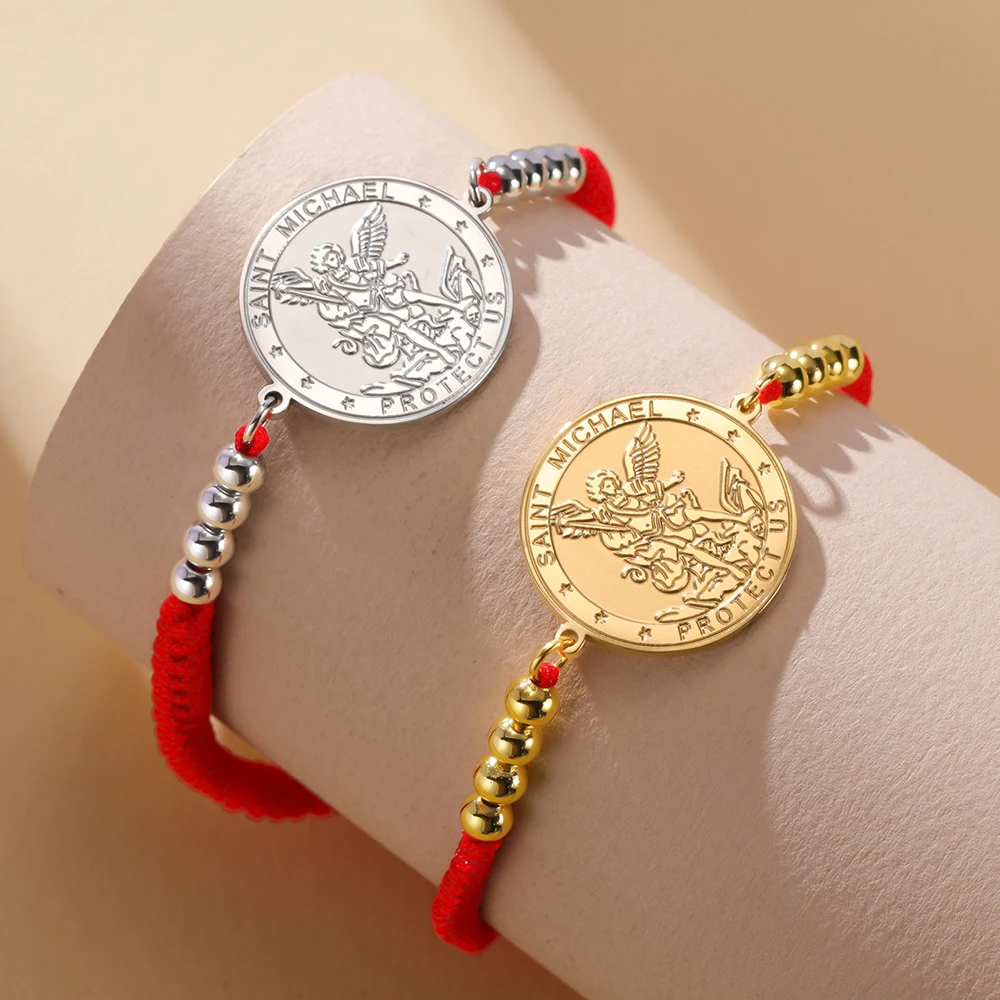 Dawapara Archangel Saint Michael Bracelet Double Sides Carved Charm Protect Us Prayer Amulet Stainless Steel Jewelry