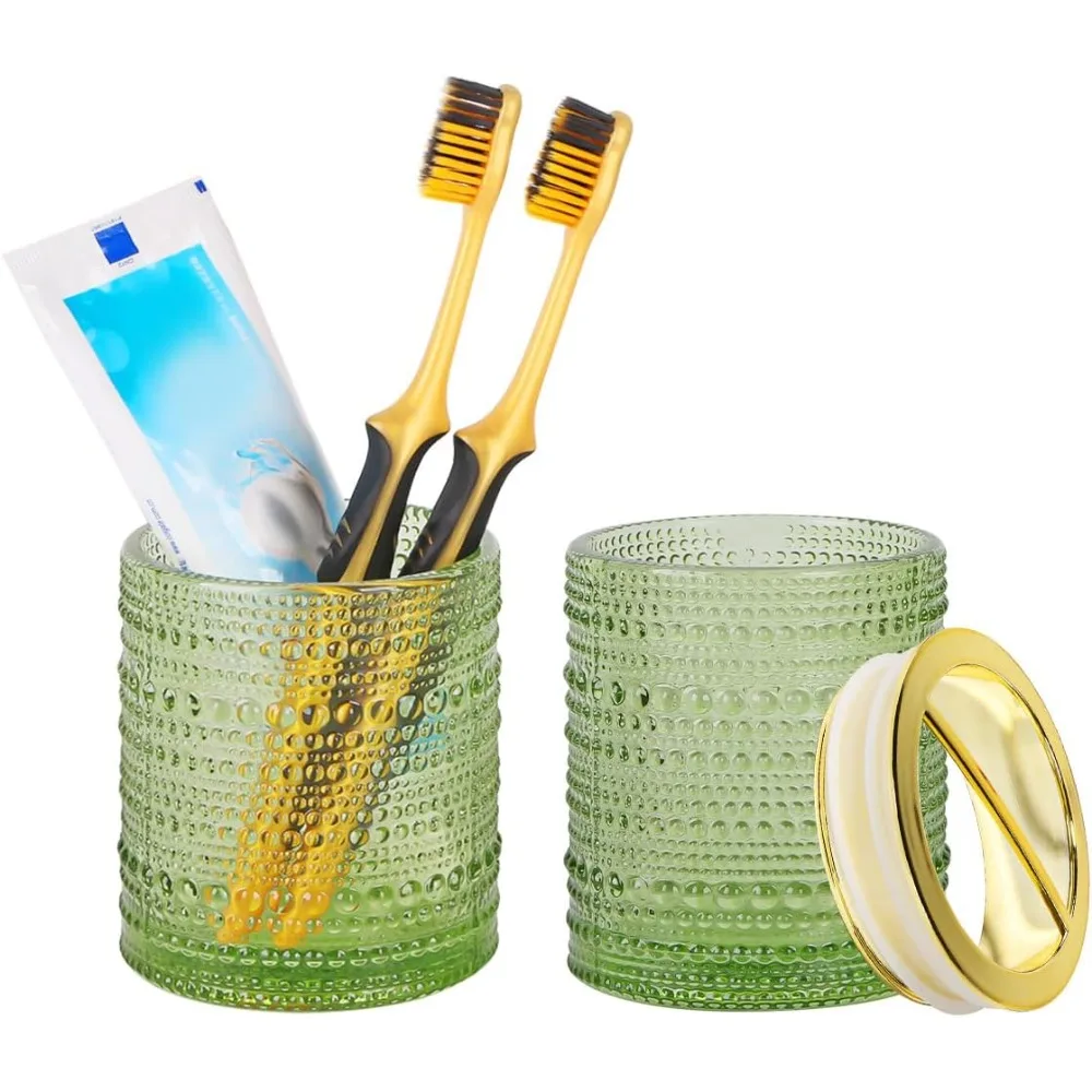 

Зеленые держатели для зубных щеток, набор из 2 стеклянных держателей для зубных щеток, прозрачный стакан для ванной комнаты на 10 унций, золотой держатель для зубной щетки и зубной пасты