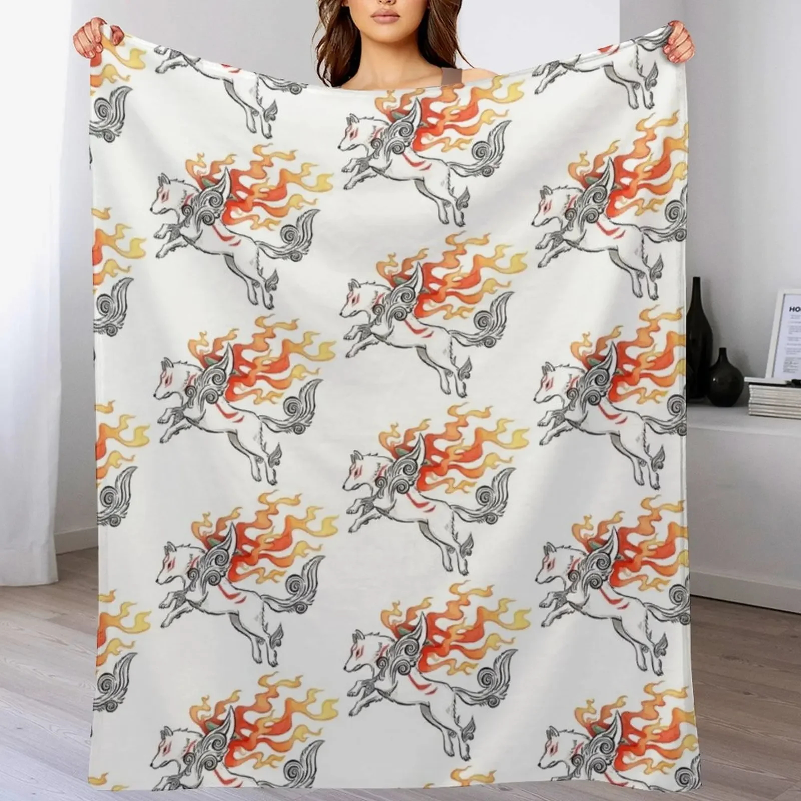 Okami Amaterasu white wolf in watercolour Throw Blanket Modern Design Soft Blanket for Home Decor