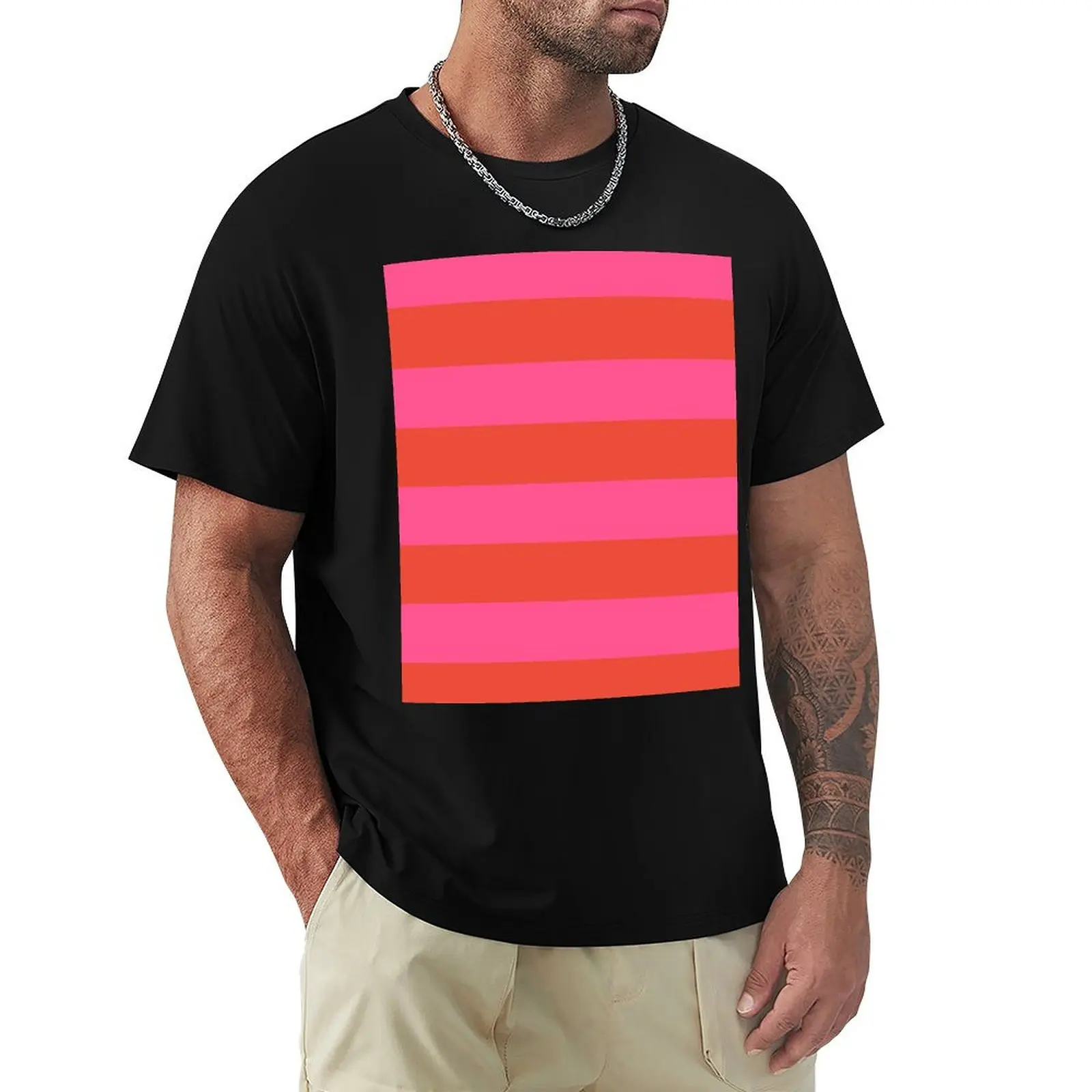 Hot Pink and Red Orange Stripes Pattern T-Shirt Casual Basic Street Style T-Shirt
