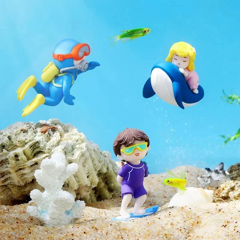 1-3pcs Mini Aquarium Floating Decor Accessories Cute Diver Surf Boy Whale Girl Anime Figure Decoration Fish Tank Landscaping