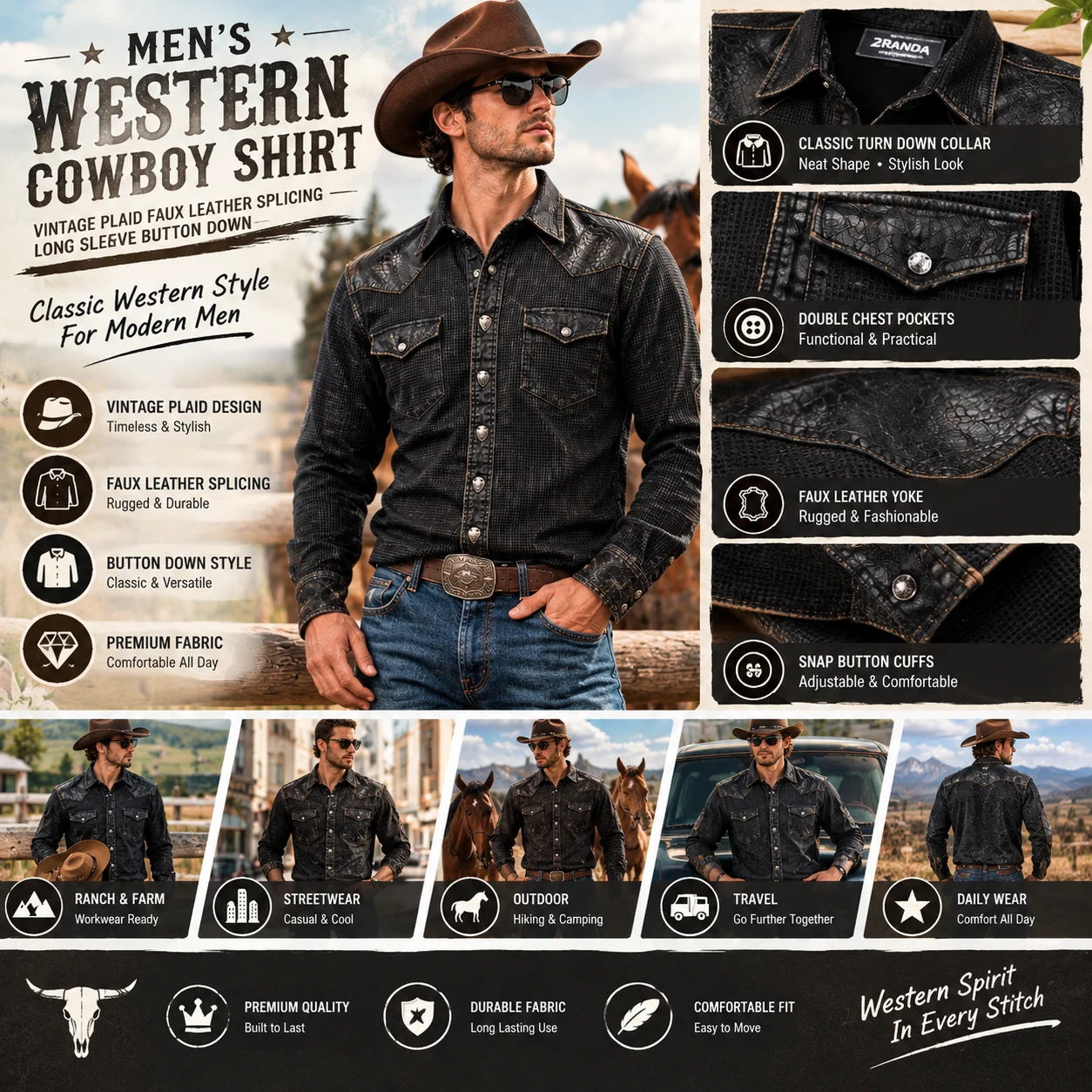 Mens Western Cowboy Shirt Vintage Plaid Faux Leather Splicing Long Sleeve Casual Button Down American Retro Streetwear Top
