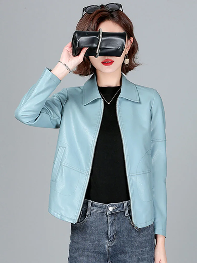 Nieuwe Dames Schapenvacht Jas Lente Herfst 2025, Mode Casual Lange Mouw Korte Rits Leren Jas Losse Split Lederen Bovenkleding
