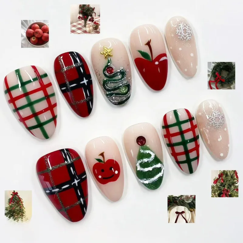 30Pcs Press-On False Nails Cute Christmas Checkered Gold-Plated “Peace Apples”—Perfect for Girls and Everyday Wear