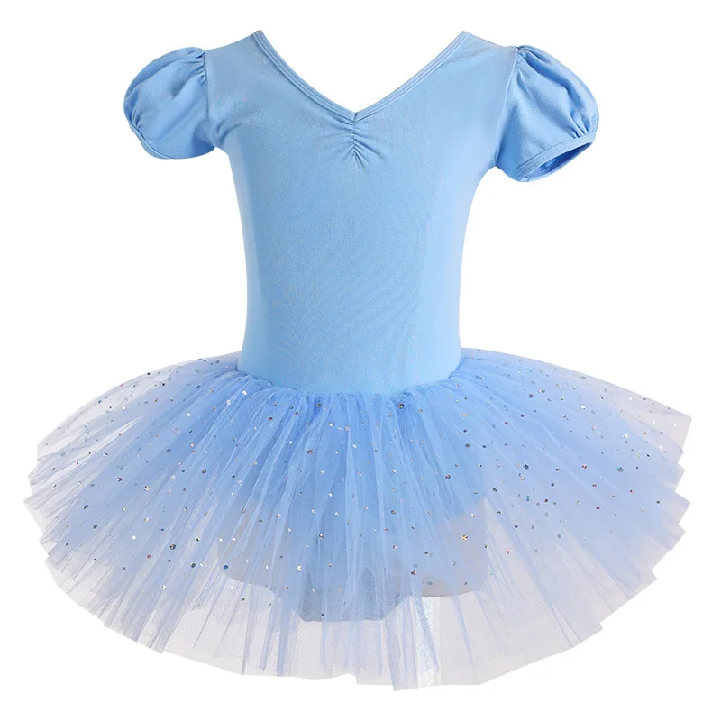 Kid Summer Short Puff Sleeve Sparkle Ballet Leotard Dress For Daily Class Dance Training Stage Performance Ballerina Soft Outfit