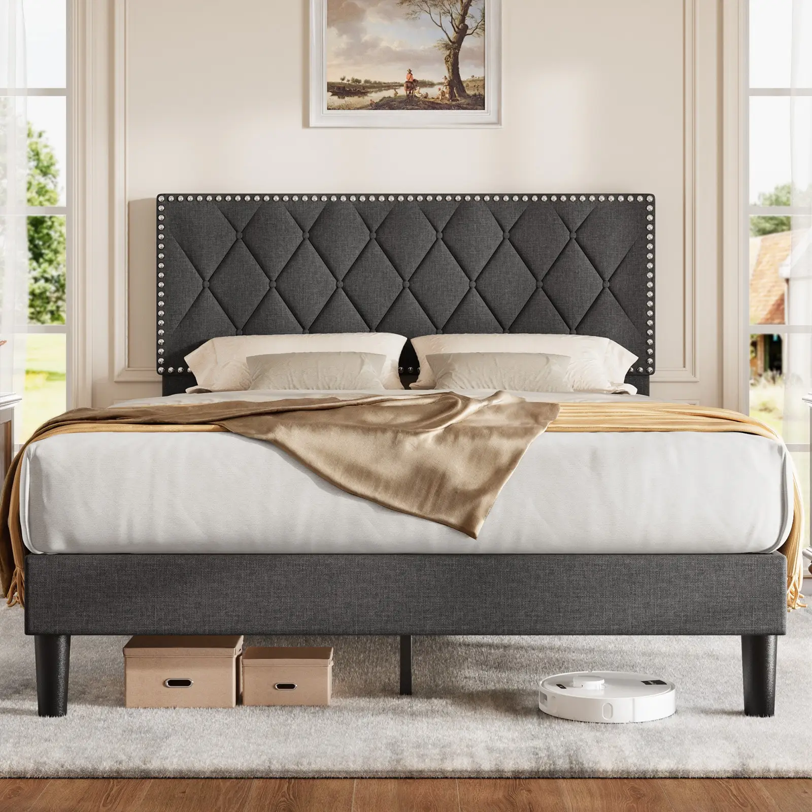 Queen Size Bed Frame with Upholstered Headboard,Queen Bed Frame with Button Tufted Adjustable Headboard,Bed Frame Queen Size