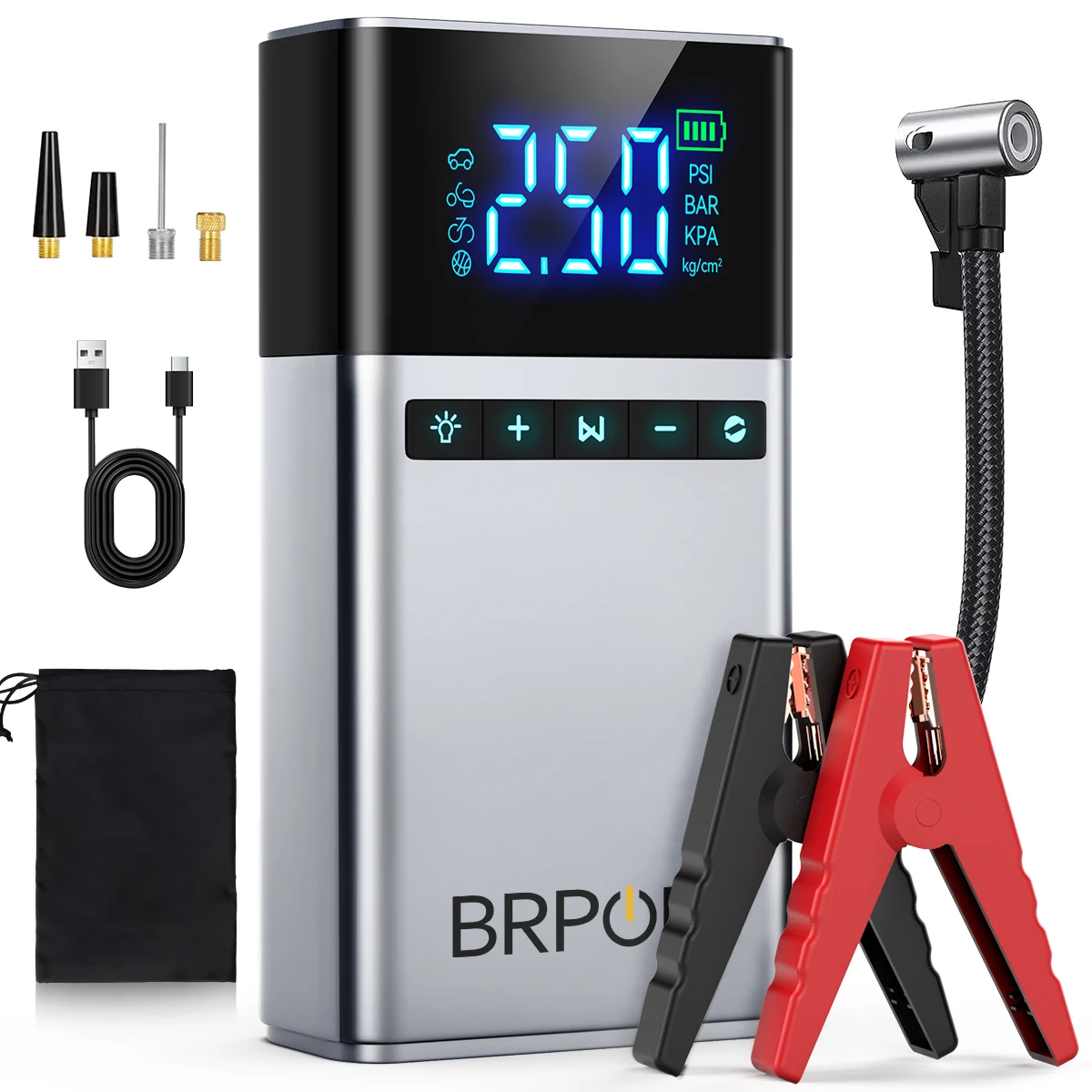 BRPOM 26800mAh Przenośny Starter Samochodowy z Kompresorem Powietrza 180 PSI 6000A Rozrusznik 12V do Akumulatora Samochodowego, Skrzynka Startera, Rozrucharka do Akumulatora Samochodowego