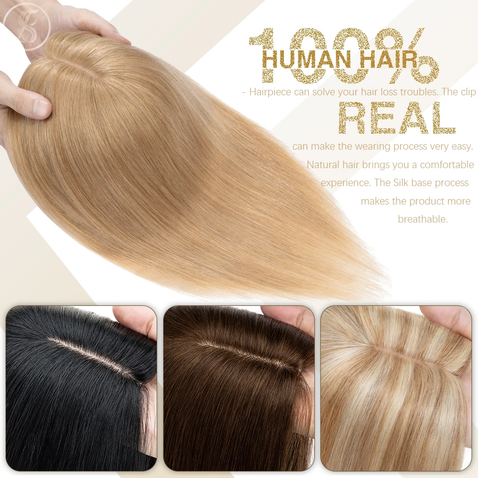 TESS Hair Toppers Women Topper 10x12cm Hair Clips Natural Hair Wigs 100% Human Hair Silk Base Blonde Clip In Hair Extensions