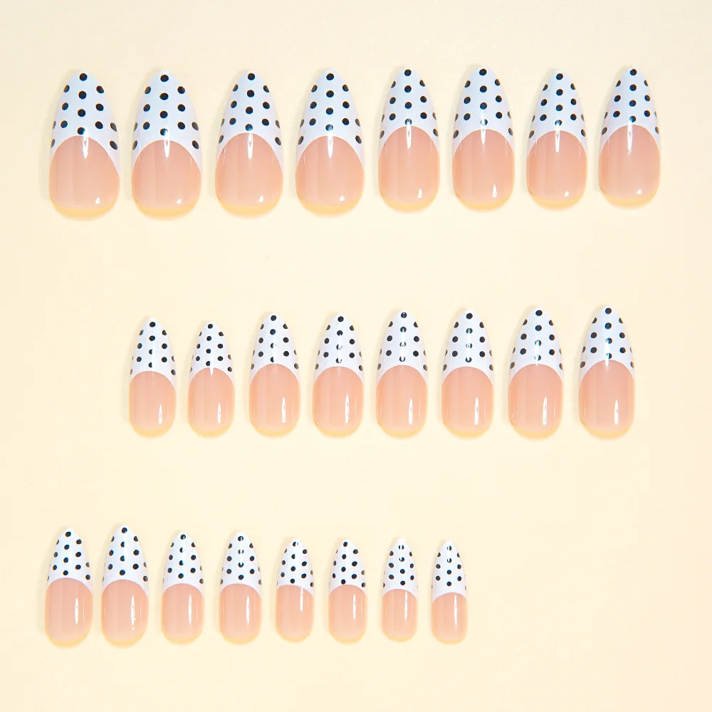 Medium Fake Nails for Women Girls Nude Black White French Almond Nail Tips with Polka Dots Design Full Cover Press On False Nail