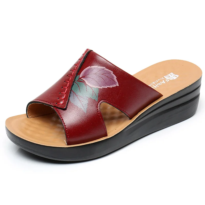 Women Sandals Summer Fashion Leathe Open Toe Round Toe Wedges Sandals Shoes Women Beach Casual Slipper Low Heels Walking Sandals
