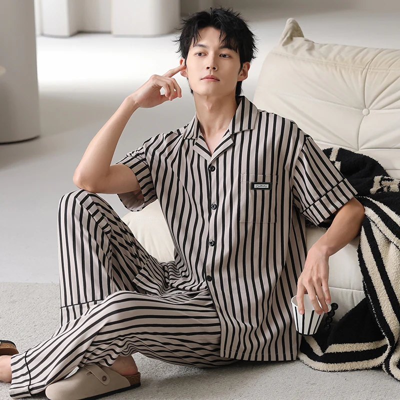 High Quality Autumn Men Pajamas Set 100% Cotton Turn-down Collar Sleepwear Male Long Sleeve Pyjamas