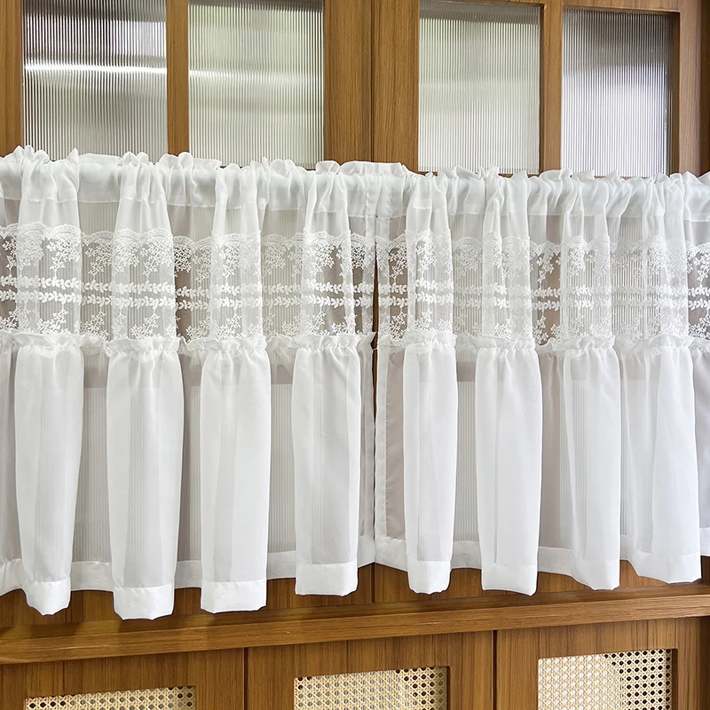 Korean Style Beautiful and Romantic White Embroidered Ruffled Lace Sheer Short Curtain For Kitchen Living Room Bedroom Garden