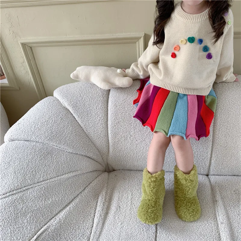 

Children Clothing Korean Style 2022 Autumn Winter New Fashionable Girls Sweet Rainbow Knitwear Sweater Skirt Casual Sweet Set