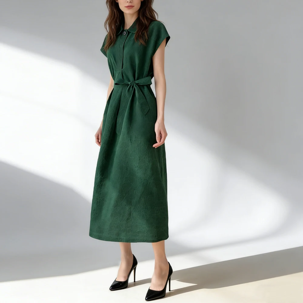 2026 Women's Fashion Spring New Extended 100% Natural Mulberry Silk Gambiered Guangdong Gauze Crackle Pattern Short Sleeve Dress
