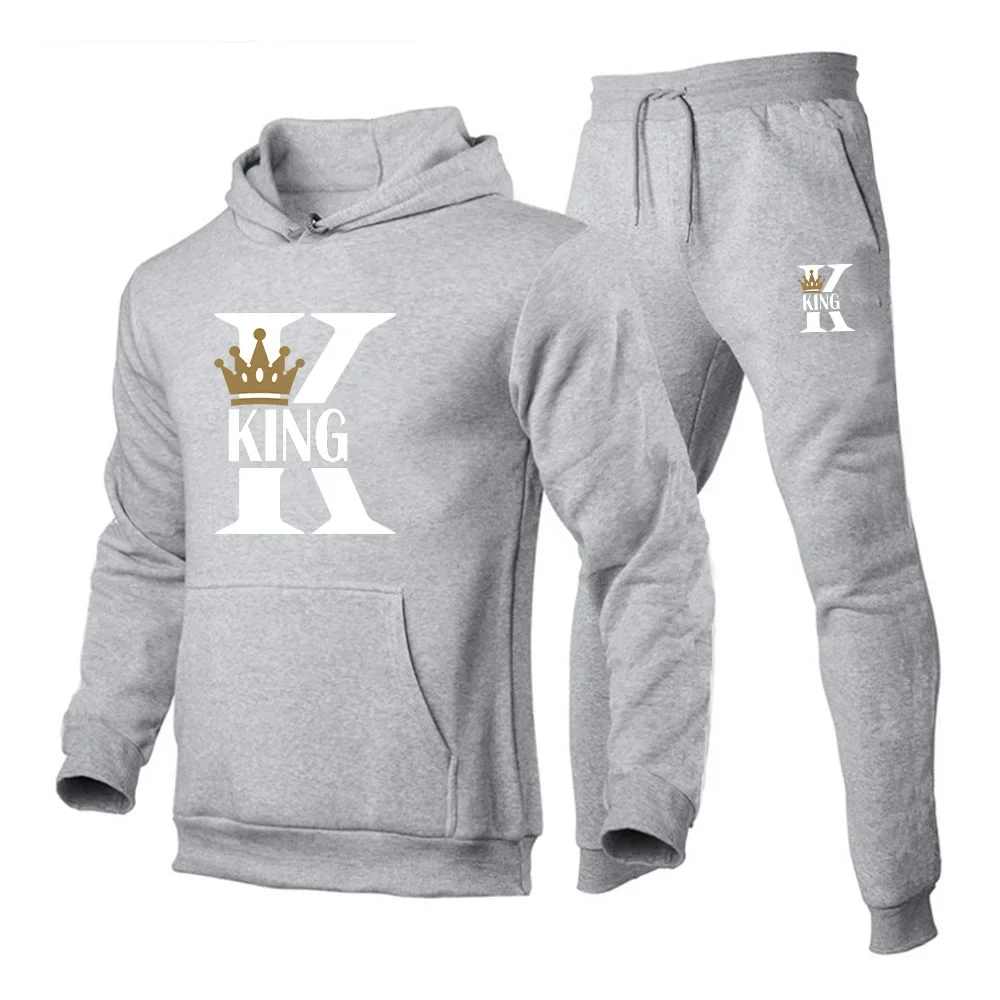 KING Printed Hoodies Suit Men\'s Casual Sweatershirts Pants Set Fashion Fleece Autumn Winter Jogging Pullover Sweatpants Clothing