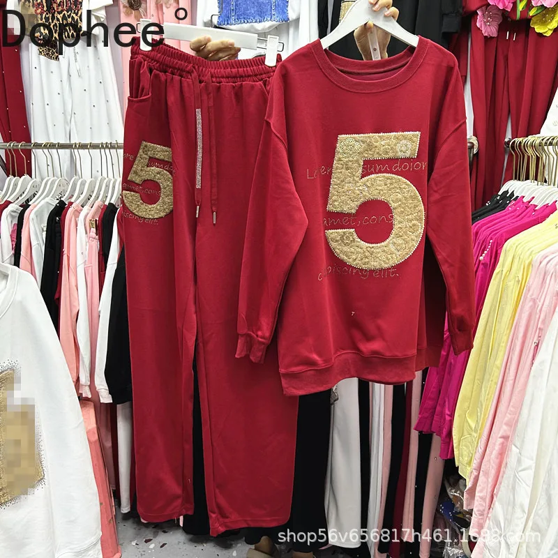 

2025 New Autumn Fashion Women Two-piece Set Letters Hot Drilling Pullover Long Sleeve Hoodie Top + Drawstring Wide Leg Pants