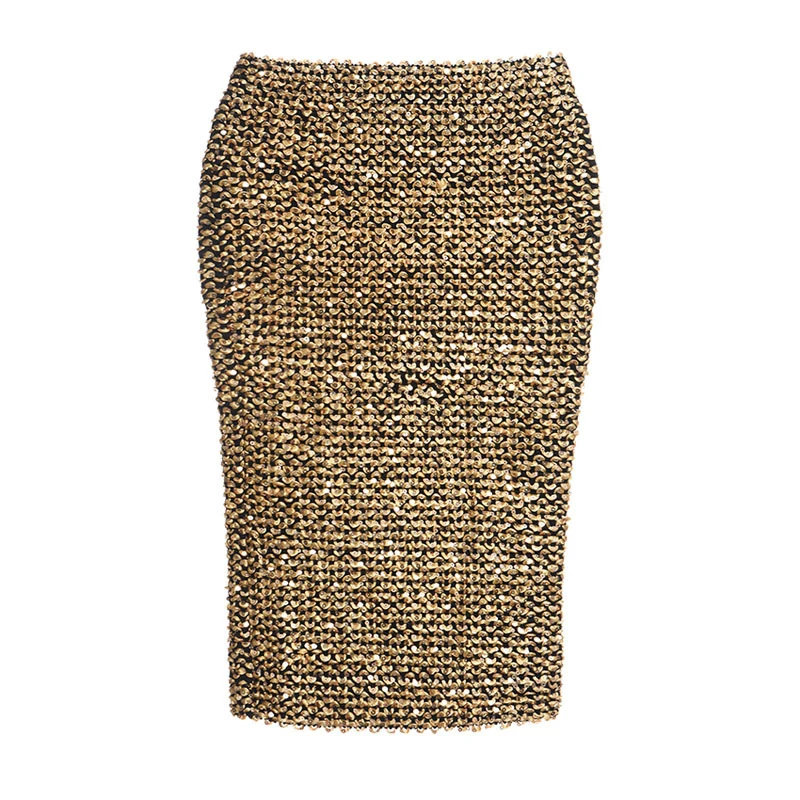 Sexy Shiny Sequin Skirt Women High Waist Glitter Gold Silver Stretchy Pencil Skirts Ladies Knee Length Party Club Midi Skirt