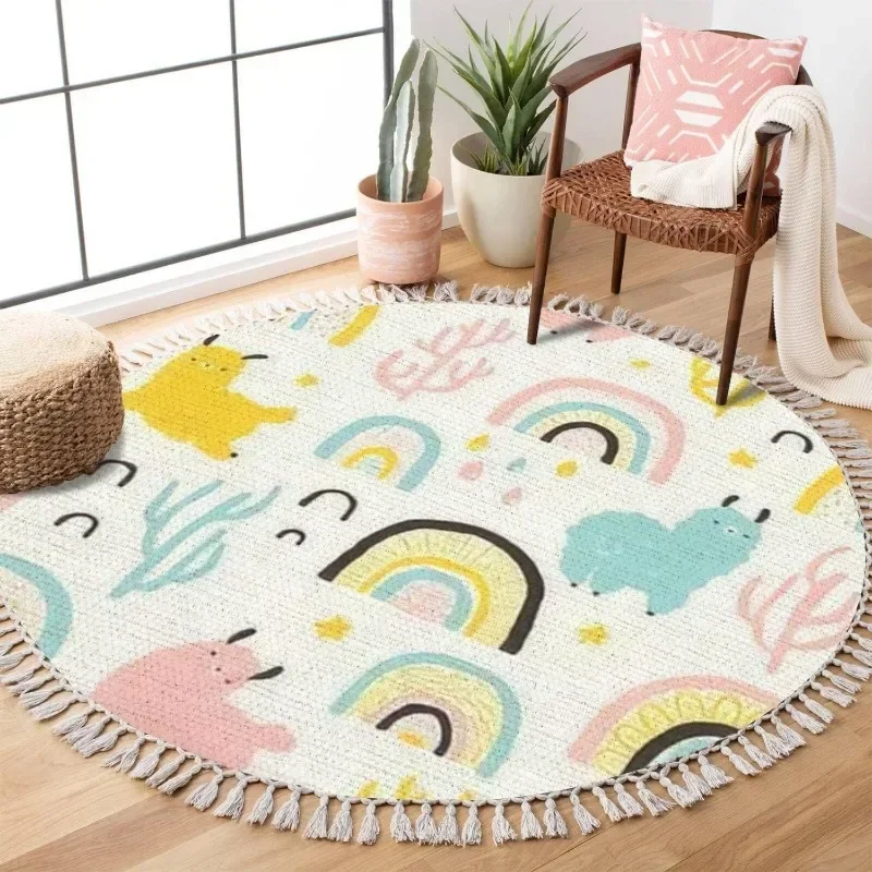 Round Living Room Carpet Cartoon Cute Print  Style Large Area Rug Dirt-Resistant Machine Washable Foldable Bedroom Mats Tapis 러그