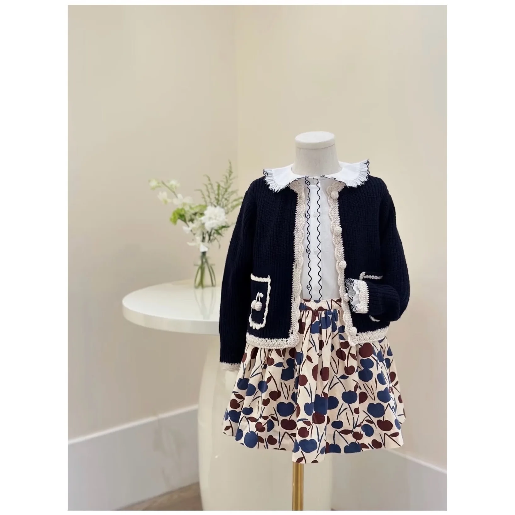 Girls Dress Fall Winter 2026 New Cherry Print Long Sleeve Dress Cotton Thickened Black Girls Cardigan Sweater Cotton White Shirt