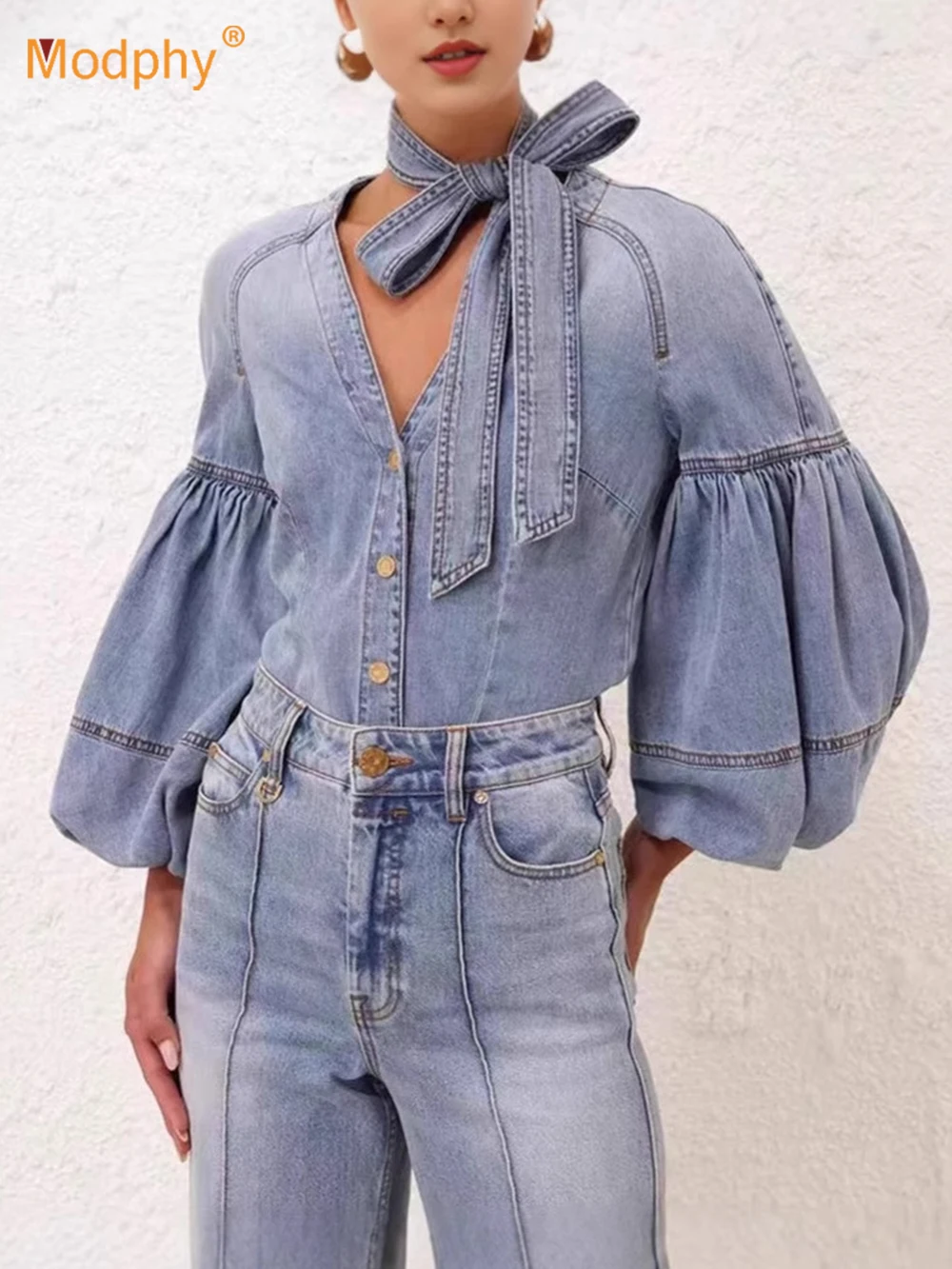 

Modphy 2025 New Trendy Thin Denim Blouse Tops for Women Lantern Sleeve V-neck High Waist Single Breasted Slim Shirts