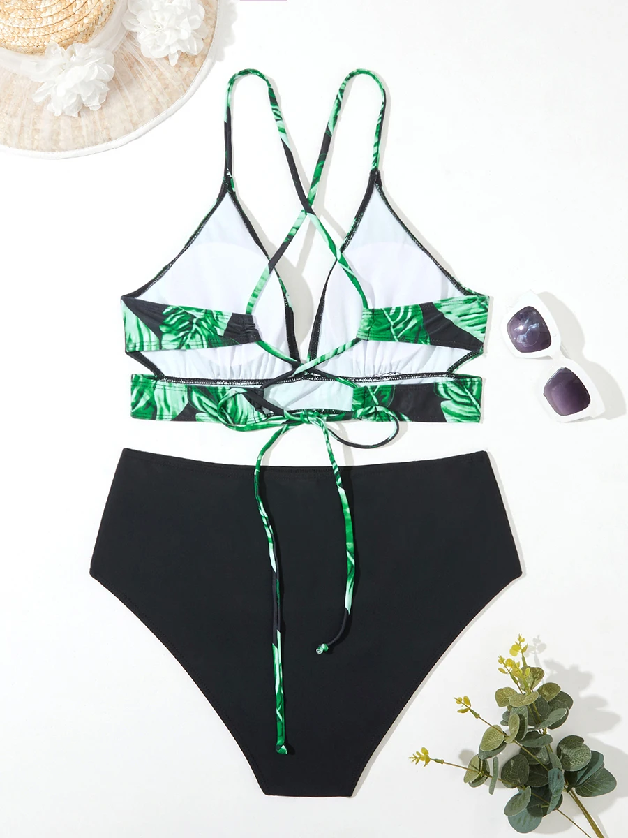 2024 Large Plus Size Back Hollow String Bikini 2 Piece High Waist Swimsuit Women Swimwear Female Bathing Suit Beachwear Swimming